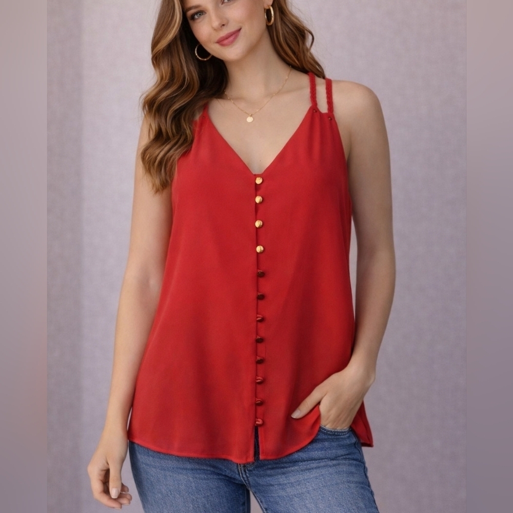 XTAREN Hot Candy Pink Double Braided Strappy Chiffon V-neck Button Down Tank Top